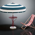 Stylish Red White Striped Deck Chair With Blue White Striped Umbrella And Side Table