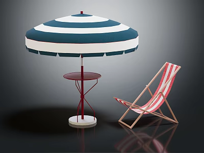 Stylish Red White Striped Deck Chair With Blue White Striped Umbrella And Side Table 3d model