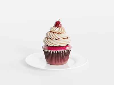 Cupcake With Pink And White Swirl Cream Cherry Top Gradient Paper Cup On White Plate 3d model