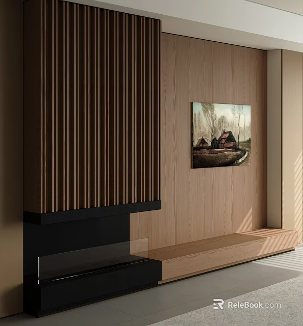 Elegant Modern Wooden TV Stand With Striped Design And Wall Painting On Wooden Wall 3d model 