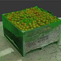 Abundant Fresh Orange Fruits in a Wooden Crate on Cracked Concrete Surface