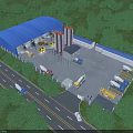 Industrial Factory Building With Blue Roof Red Storage Silos Surrounded By Green Trees And Trucks