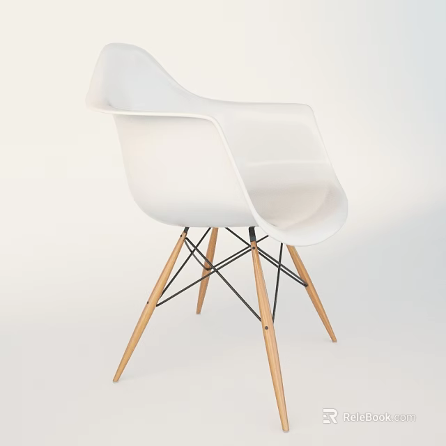 Modern White Armchair With Curved Armrests Wooden Legs And Black Metal Frame 3d model 