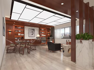 Modern Office Interior Design With Wooden Bookshelves Tables Chairs Sofa And Plants 3d model