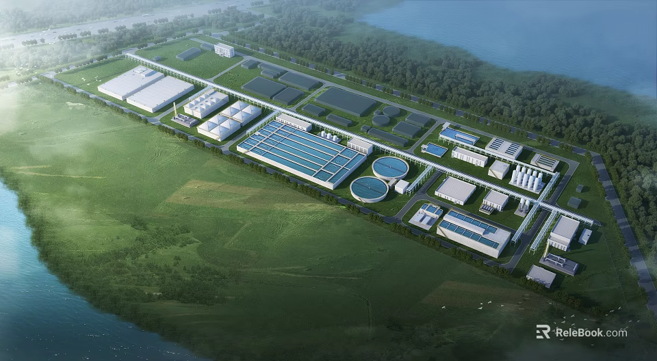 Aerial View of Modern Industrial Factory Complex With Green Grasslands And Waterfront Buildings 3d model 