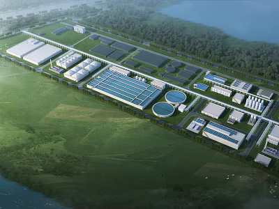 Aerial View of Modern Industrial Factory Complex With Green Grasslands And Waterfront Buildings 3d model