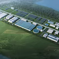 Aerial View of Modern Industrial Factory Complex With Green Grasslands And Waterfront Buildings