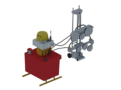 Industrial Equipment with Red Base Yellow Cylinder Metal Frame and Roller Mechanism 3d model