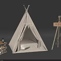 White Teepee Tent Featuring Open Entrance Soft Pillow Wooden Shelf Small Items Tripod Stand