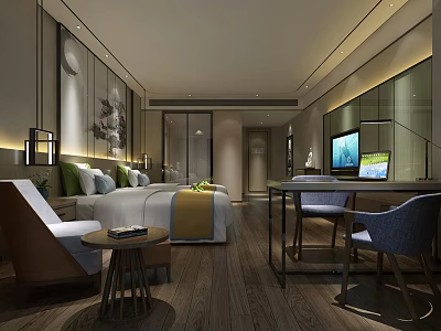 Modern Hotel Room With Large Bed Green Pillows Wooden Flooring Desk And Computer 3d model