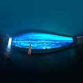 Modern Room With Large Curved Screen Showing Blue City Night View And Vertical Illuminated Panels