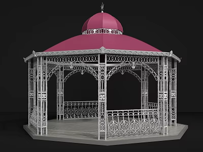 Elegant Gazebo With Pink Dome And White Ornate Metal Frame Railings Structure 3d model