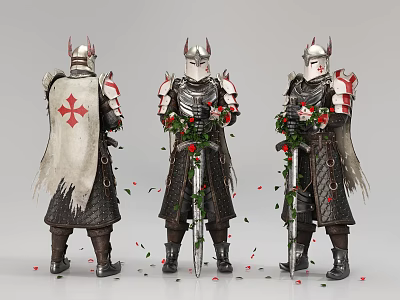 Game Movie Characters Wearing Armor with Red Cross White Cape and Roses Petals 3d model