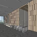 Modern Lobby Reception Desk With Wooden Slat Walls And Polished Marble Floor