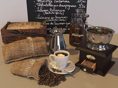 Modern Kitchen Appliances With Coffee Grinder Pot Fresh Coffee Beans And Burlap Bags 3d model