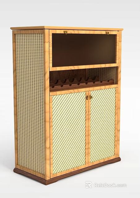 Elegant Wooden Cabinet With Woven Design And Built In Wine Storage Rack 3d model 