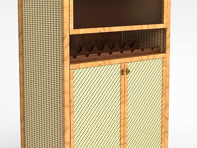 Elegant Wooden Cabinet With Woven Design And Built In Wine Storage Rack 3d model