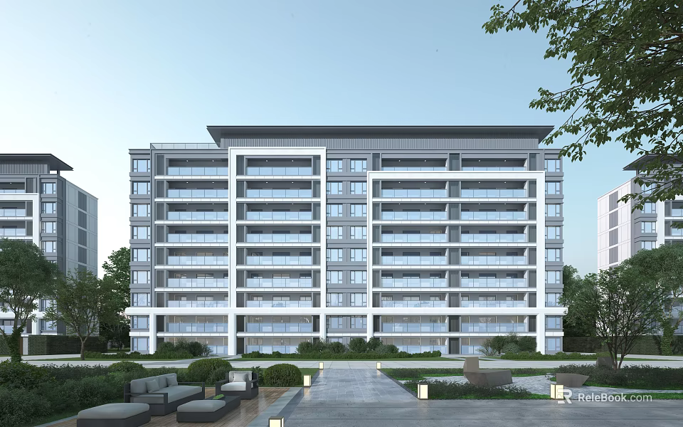 Modern Mid rise Residential Building Exterior With Large Windows And Landscaped Gardens 3d model 