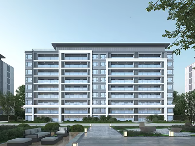 Modern Mid rise Residential Building Exterior With Large Windows And Landscaped Gardens 3d model
