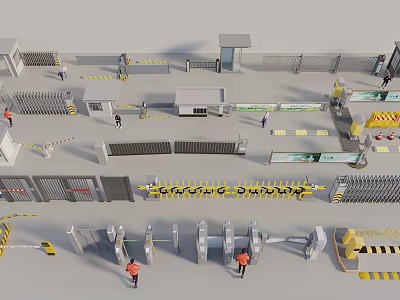 Public Facilities Security Checkpoint With Safety Gates Warning Signs And Staff 3d model