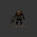 Game Character Standing In Mechanical Armor With Helmet Light Large Drill And Stone Slab Base