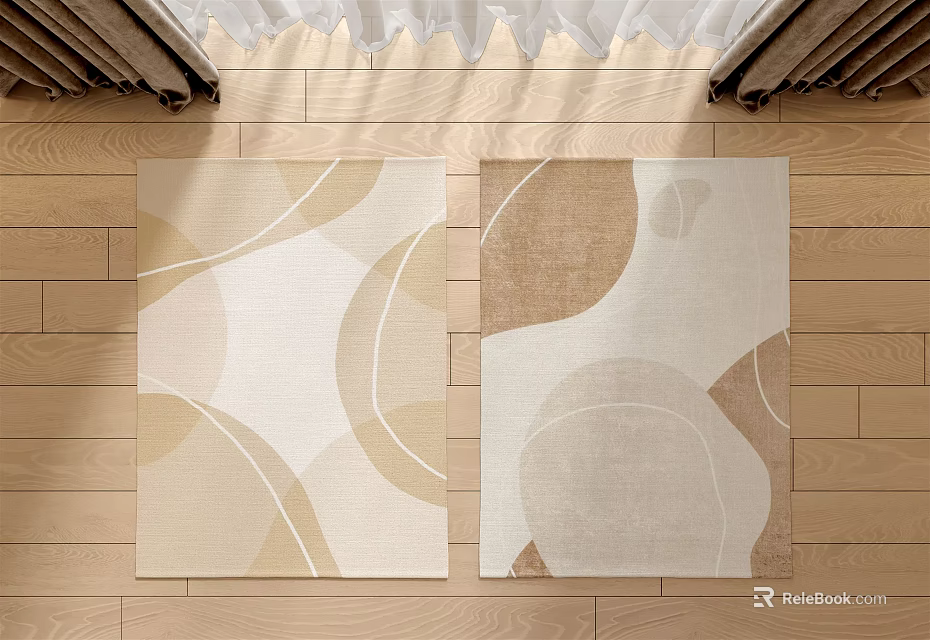 Square Rugs Featuring Geometric Patterns Curved Lines Beige Light Brown Tones On Indoor Wooden Floor 3d model 