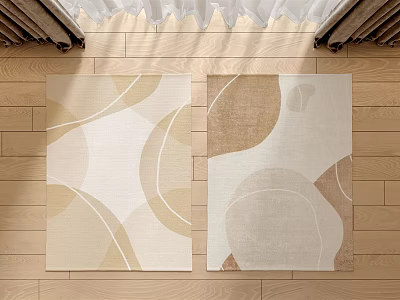 Square Rugs Featuring Geometric Patterns Curved Lines Beige Light Brown Tones On Indoor Wooden Floor 3d model