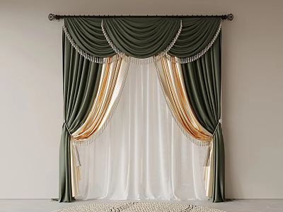 Elegant Green Curtains with Gold Accents White Sheer Layers and Tassel Trim 3d model