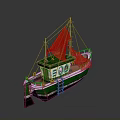 Green And White Fishing Boat With Orange Net Cabin And Ladder Exterior