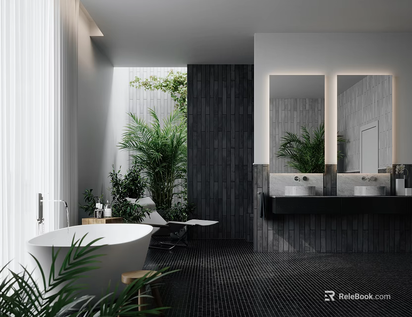 Modern Dark Tone Public Restroom With Freestanding Bathtub Green Indoor Plants And Double Vanity Mirrors 3d model 