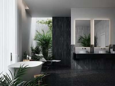 Modern Dark Tone Public Restroom With Freestanding Bathtub Green Indoor Plants And Double Vanity Mirrors 3d model