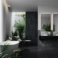Modern Dark Tone Public Restroom With Freestanding Bathtub Green Indoor Plants And Double Vanity Mirrors