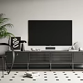 Modern TV Stand With Flat Screen TV Green Plant And Decorative Storage
