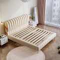 Double Bed With Beige Upholstered Headboard Plush Toys Orange Blanket Nightstand Mirror And Window Curtains