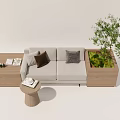Two Seater Sofa With Gray Brown Cushions Wooden Coffee Table And Green Plant