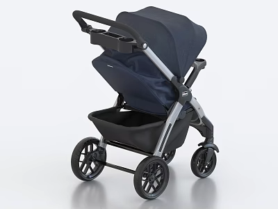 Modern Navy Blue Baby Stroller With Storage Basket And Wheels 3d model