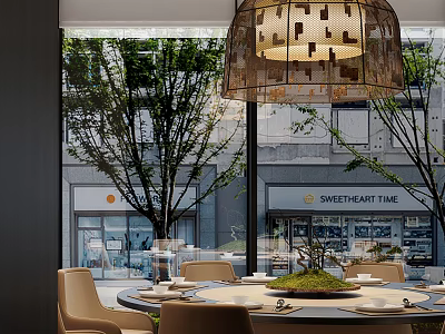 Elegant Private Dining Box With Round Table Chairs Pendant Lamp And Trees Outside Window 3d model