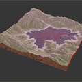 3D Terrain Model Featuring Green Mountain Ranges Central Blue Lake And Layered Strata
