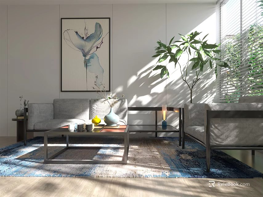Modern Sofa And Coffee Table Set With Area Rug Decorative Art And Potted Plant 3d model 
