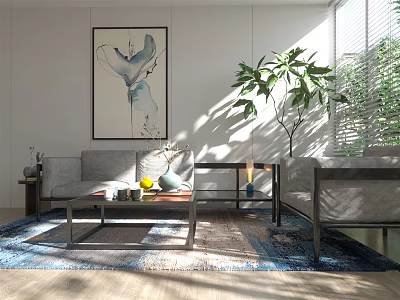 Modern Sofa And Coffee Table Set With Area Rug Decorative Art And Potted Plant 3d model