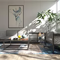 Modern Sofa And Coffee Table Set With Area Rug Decorative Art And Potted Plant