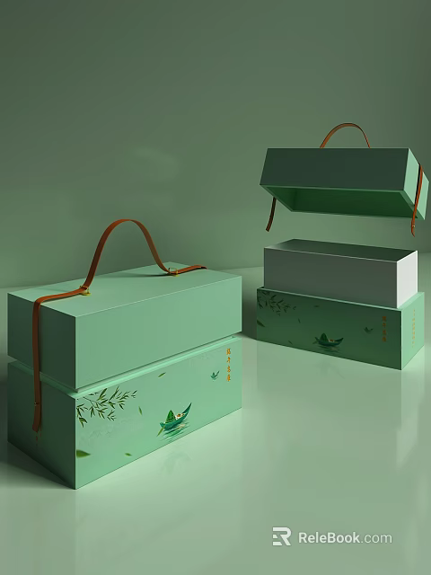 Green Gift Boxes With Brown Handle Open And Closed Bamboo Leaves Small Boat Design 3d model 