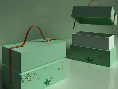Green Gift Boxes With Brown Handle Open And Closed Bamboo Leaves Small Boat Design 3d model