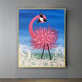 Pink Flamingo Animal Painting With Detailed Feathers Gold Frame Gray Wall Background