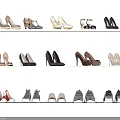 Different Types of Shoes Displayed on Wooden Shelves High Heels Flats and Sneakers