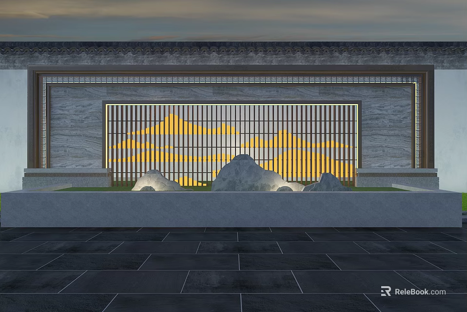 Traditional Garden Landscape With Lattice Screen Rock Formations Yellow Light And Stone Pavement 3d model 