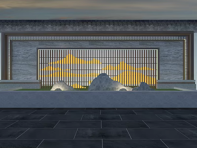 Traditional Garden Landscape With Lattice Screen Rock Formations Yellow Light And Stone Pavement 3d model