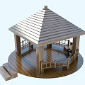 Wooden Canopy with Sloped Roof and Columns and Railing Where Person Sitting Under Blue Sky