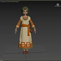 Woman With Green Hair In Beige And Orange Long Dress With Geometric Patterns And Belt