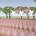 Scenic Park Landscape With Pink Grass White Windmills Green Trees And Romantic Pavilions